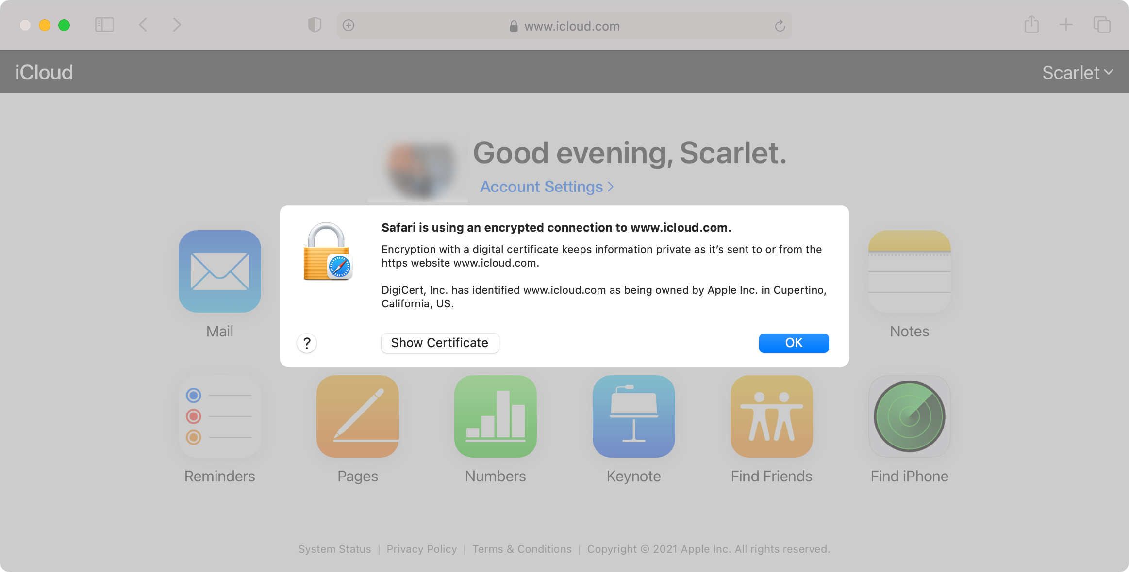 iCloud.com van Apple met een beveiligd SSL-certificaat