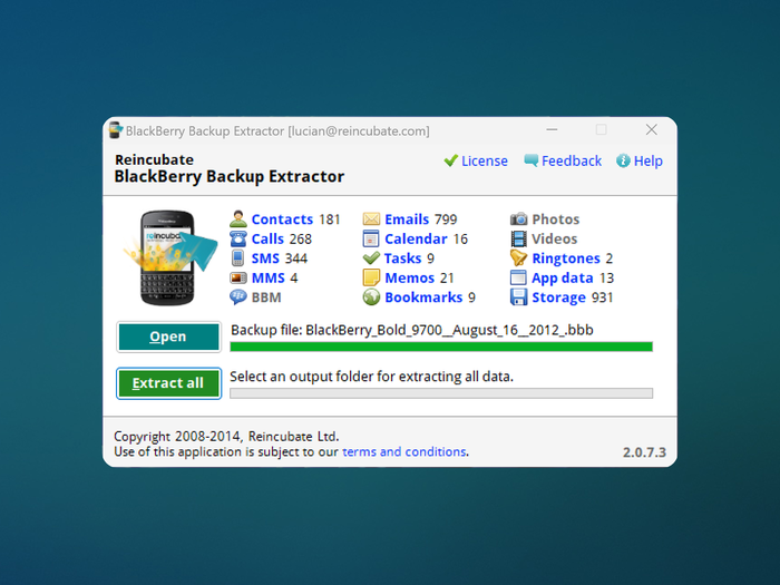 BlackBerry Backup Extractor в Windows