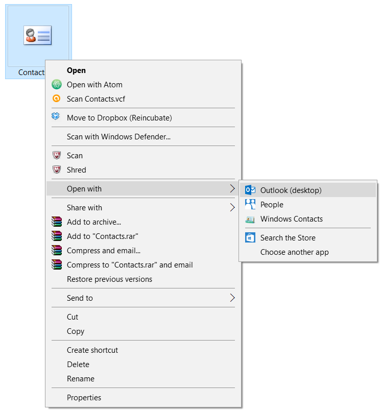 用 Outlook 打开 VCF 文件