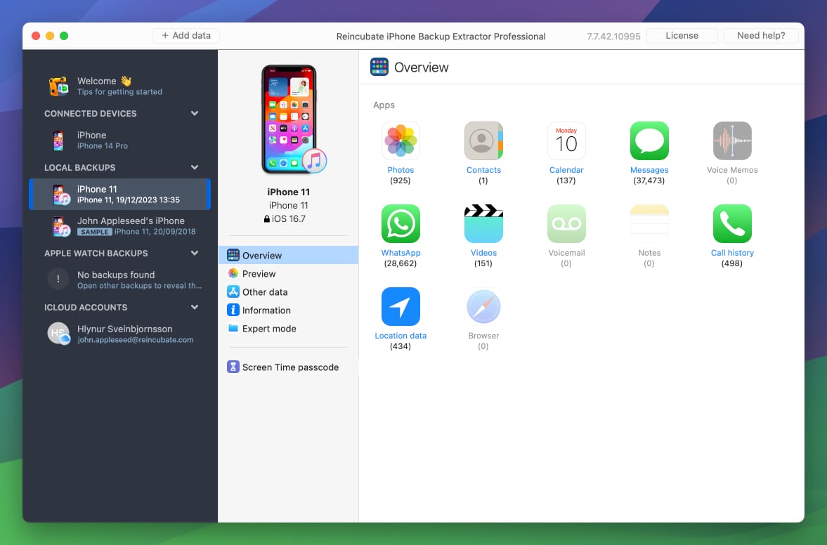 Écran de synthèse des sauvegardes d’iPhone Backup Extractor