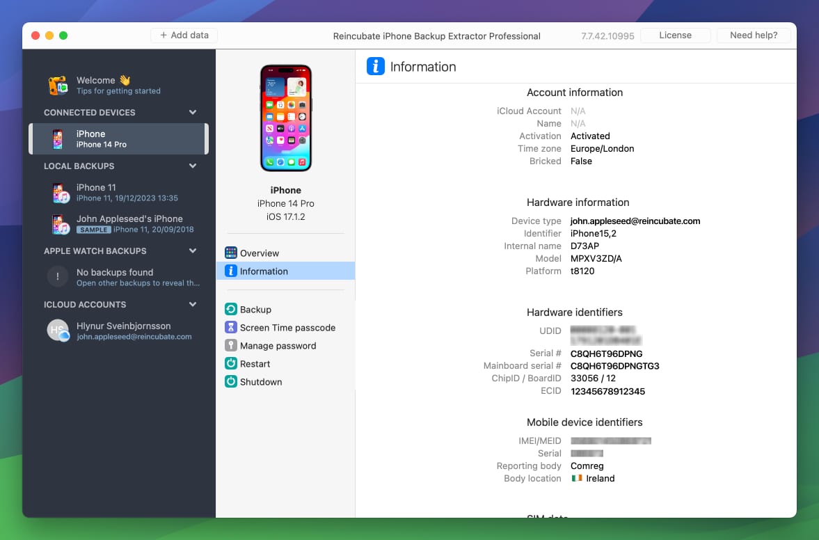 Gestion et consultation des informations d’un appareil dans iPhone Backup Extractor