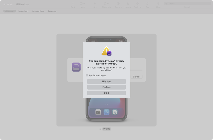 Apple Configurator's app download warning