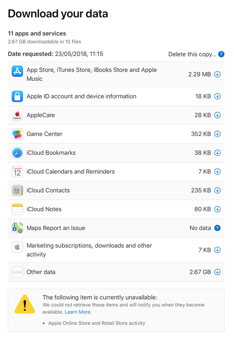 Сайт Apple «Данные и конфиденциальность» показывает часть доступных данных