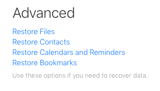 The restore options on iCloud.com