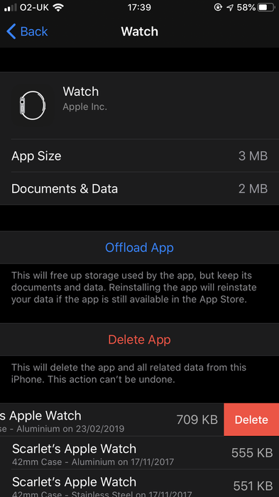 Apple Watch 백업을 보여 주는 iPhone
