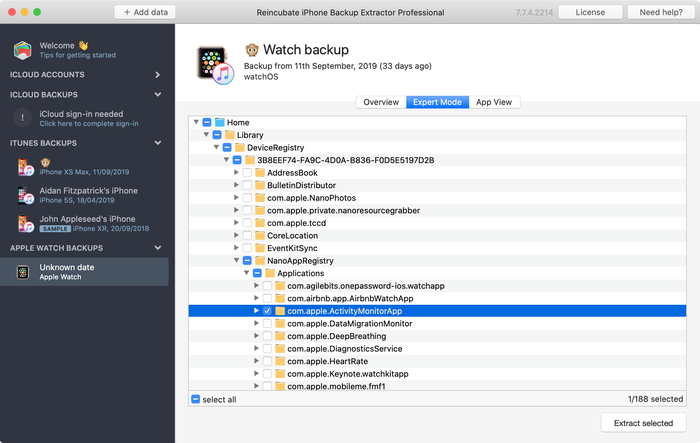 추출 준비가 된 Apple Watch 파일