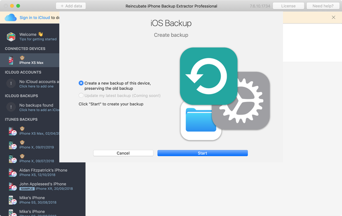 iPhone Backup Extractor의 백업 생성 마법사
