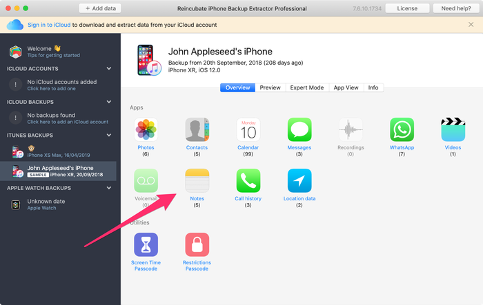 Извлечение заметок в iPhone Backup Extractor одним щелчком