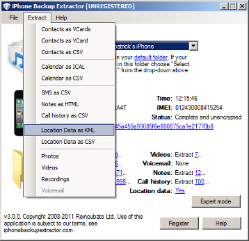 Kostenlose KML-Exportoption in iPhone Backup Extractor