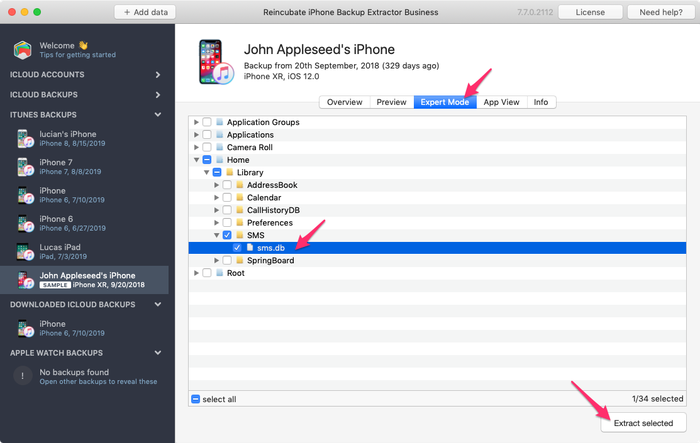 Finding the sms.db file
