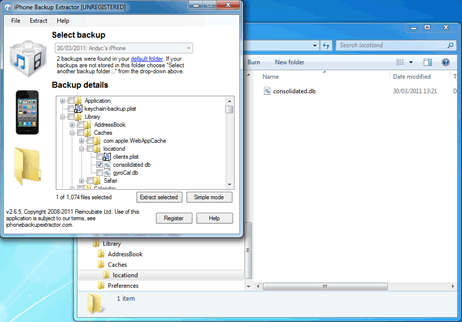 consolidated.db mit iPhone Backup Extractor extrahieren