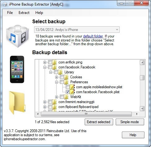 iPhone Backup Extractor reading the Facebook auth token