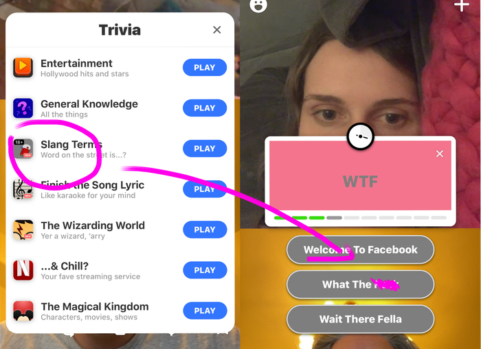 Houseparty spelen met een account voor < 18 (paarse annotaties van ons), een mild voorbeeld