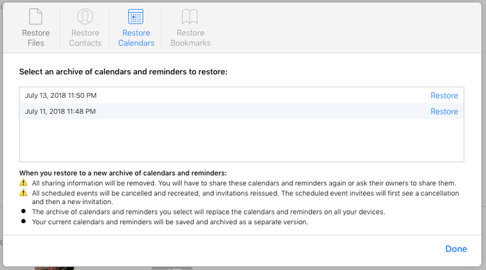 iCloud calendar recovery, Apple's way