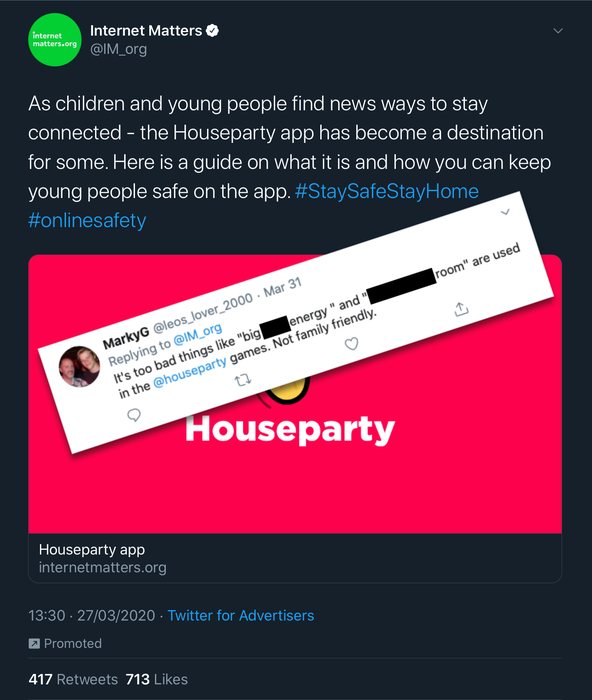 Internet Matters tegenover iemand die Houseparty gebruikte