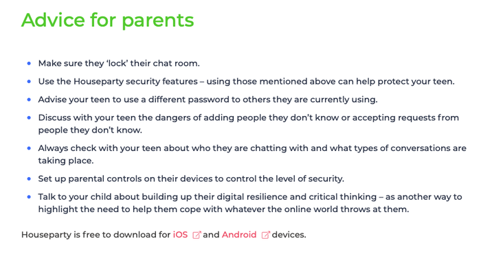 De richtlijnen van Internet Matters voor ouders over Houseparty