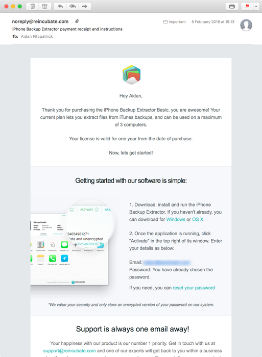 Die Aktivierungs-E-Mail von iPhone Backup Extractor