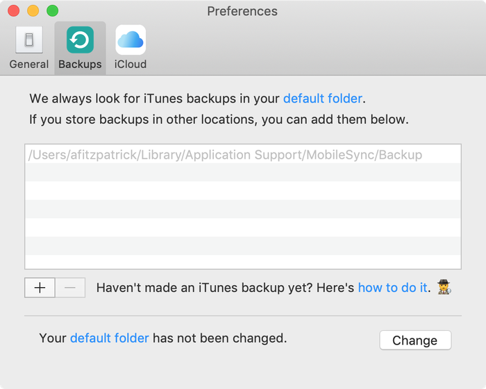 Панель «Настройки» iPhone Backup Extractor с расположением резервных копий