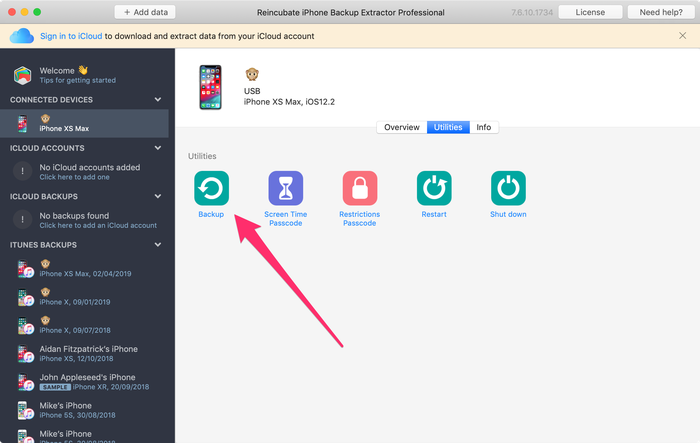 iPhone Backup Extractor의 “Backup” 버튼