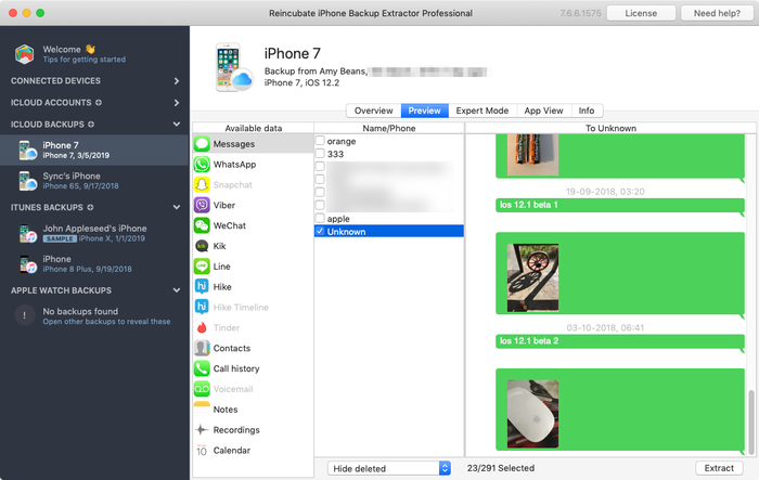 iPhone Backup Extractor used in Preview mode