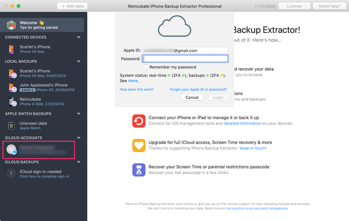 iPhone Backup Extractor adding an iCloud account