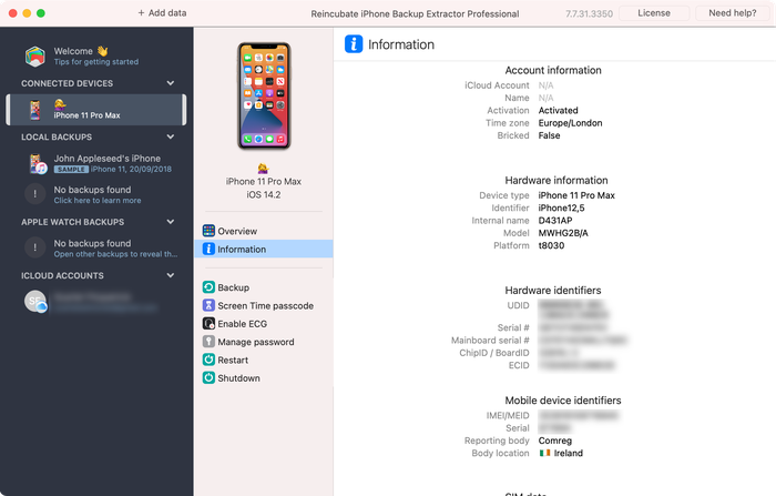 기기 데이터를 보여주는 iPhone Backup Extractor의 DeviceIdentifier 통합