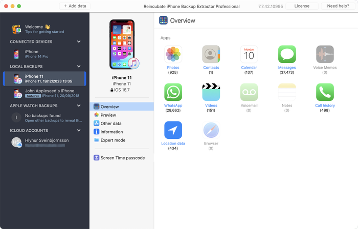 iPhone Backup Extractor's overview screen