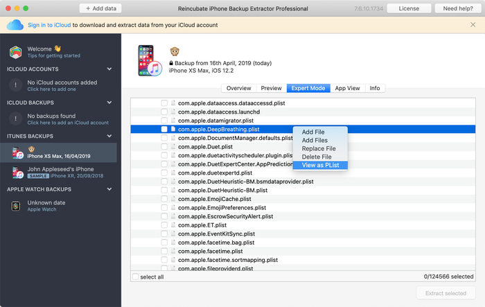 Visualizza come Plist in iPhone Backup Extractor
