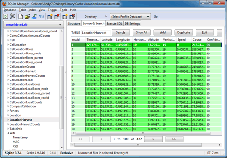 Die consolidated.db eines iPhone in SQLite Manager