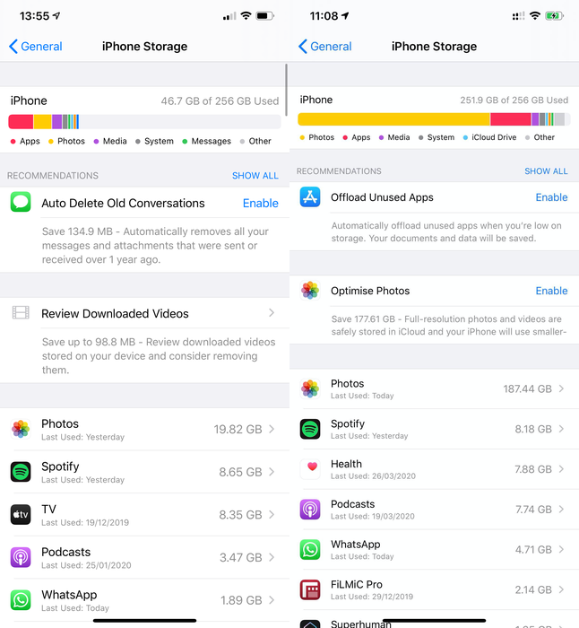 Los ejemplos anteriores muestran la diferencia de espacio libre entre un iPhone que guarda las fotos en iCloud y otro que las guarda directamente en el dispositivo