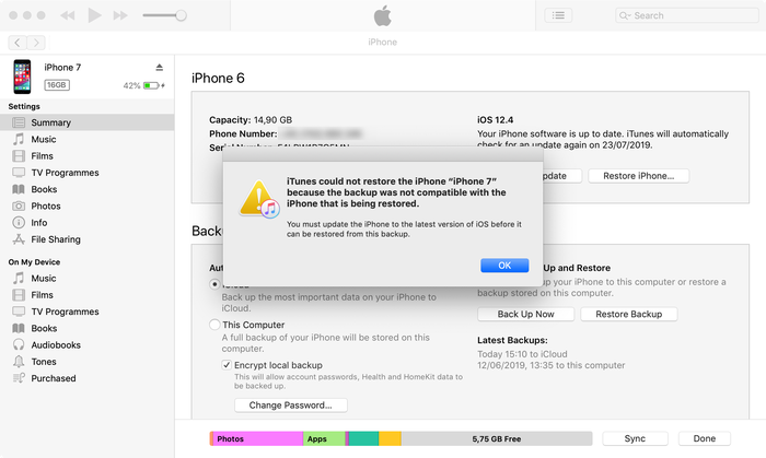 Tentativa de restaurar um backup beta do iOS em uma versão anterior do iOS