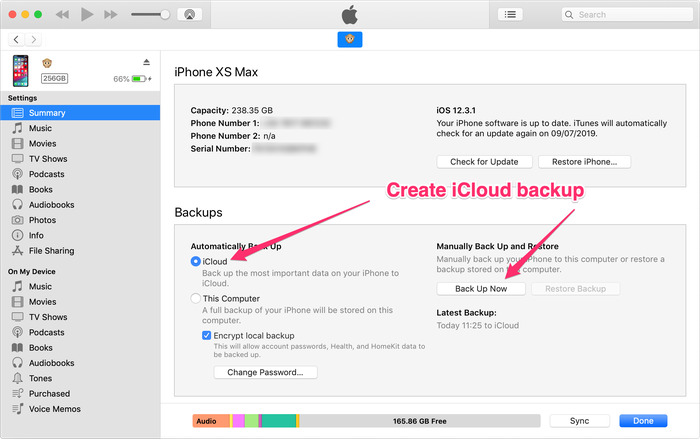 iTunes로 iCloud 백업 만들기