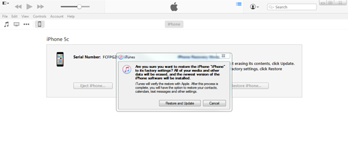 Pedido de restauração e atualização do iTunes a partir do modo DFU