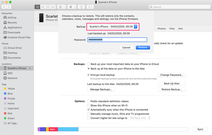 The "restore from backup" dialog