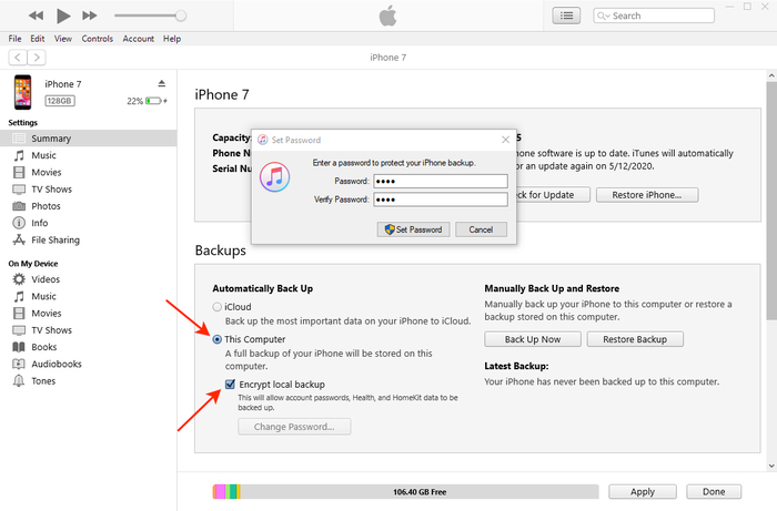 Impostare la password del backup in iTunes