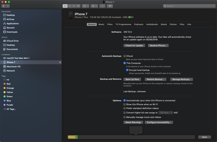 macOS Finder의 iOS 백업 인터페이스