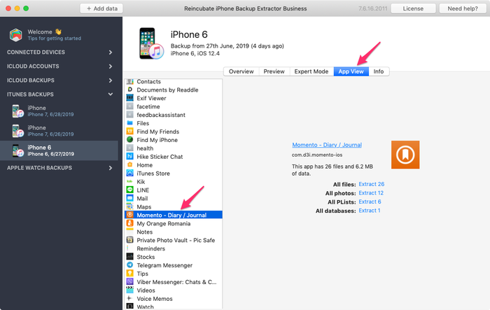 Vista de apps de Momento en iPhone Backup Extractor