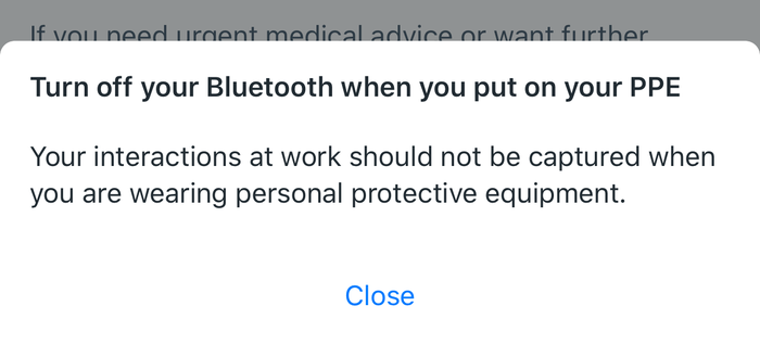 L’invite Bluetooth relative aux EPI dans l’application NHS COVID-19