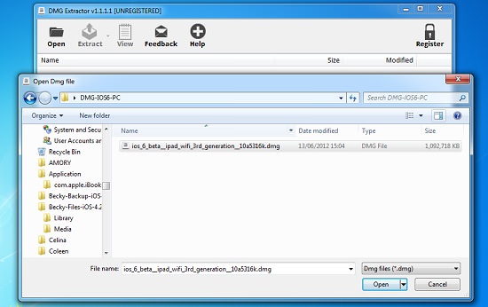 Abertura do arquivo DMG do beta do iOS 6 com o DMG Extractor