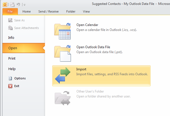 在 Outlook 中依次选择“文件”→“打开”→“导入”
