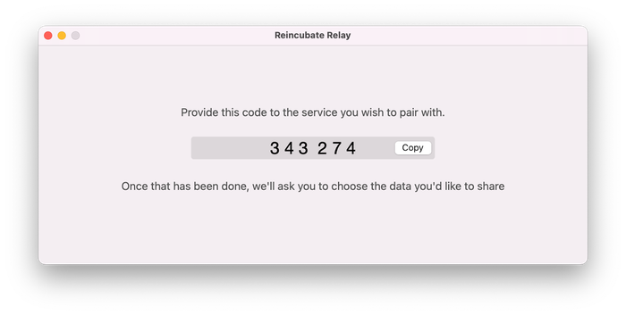 Reincubate Relay che mostra un codice di abbinamento.