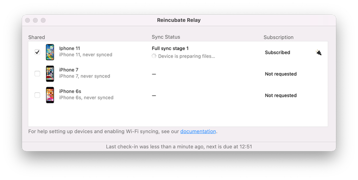 Reincubate Relay showing Wi-Fi sync of iOS data