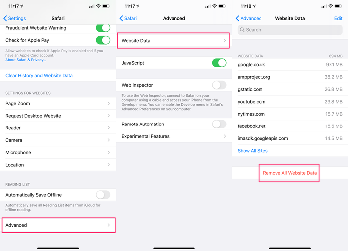 Eliminar los datos de los sitios web conservando el historial