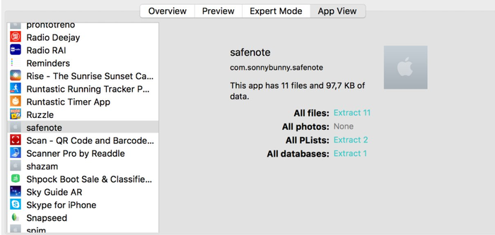 iPhone Backup Extractor stellt SafeNote-Daten wieder her