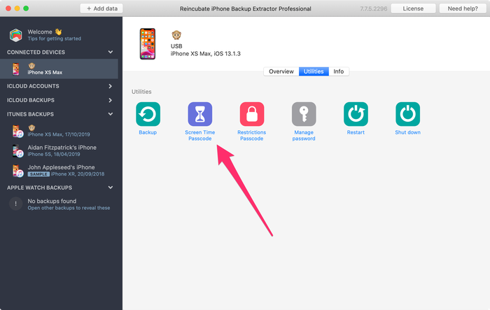 L’option « Screen Time recovery » d’iPhone Backup Extractor