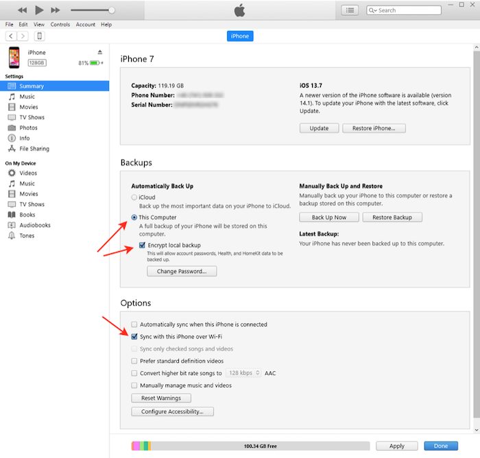 iTunes che mostra l’opzione «Sincronizza con iPhone tramite Wi-Fi»