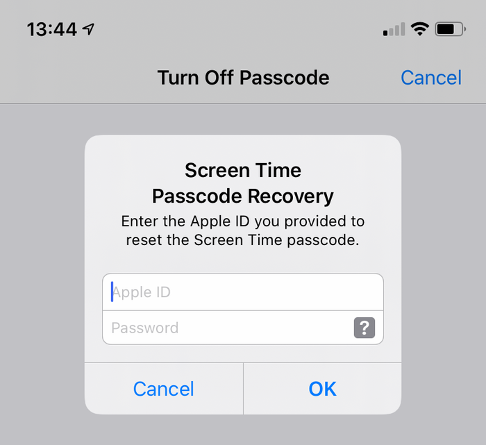 Screen Time passcode recovery with an Apple ID