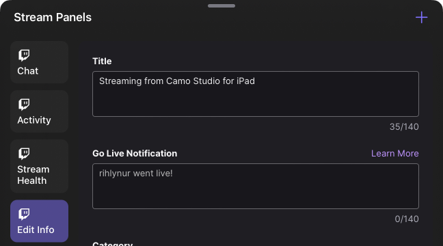 The Twitch chat stream panel in Camo Studio for iPad